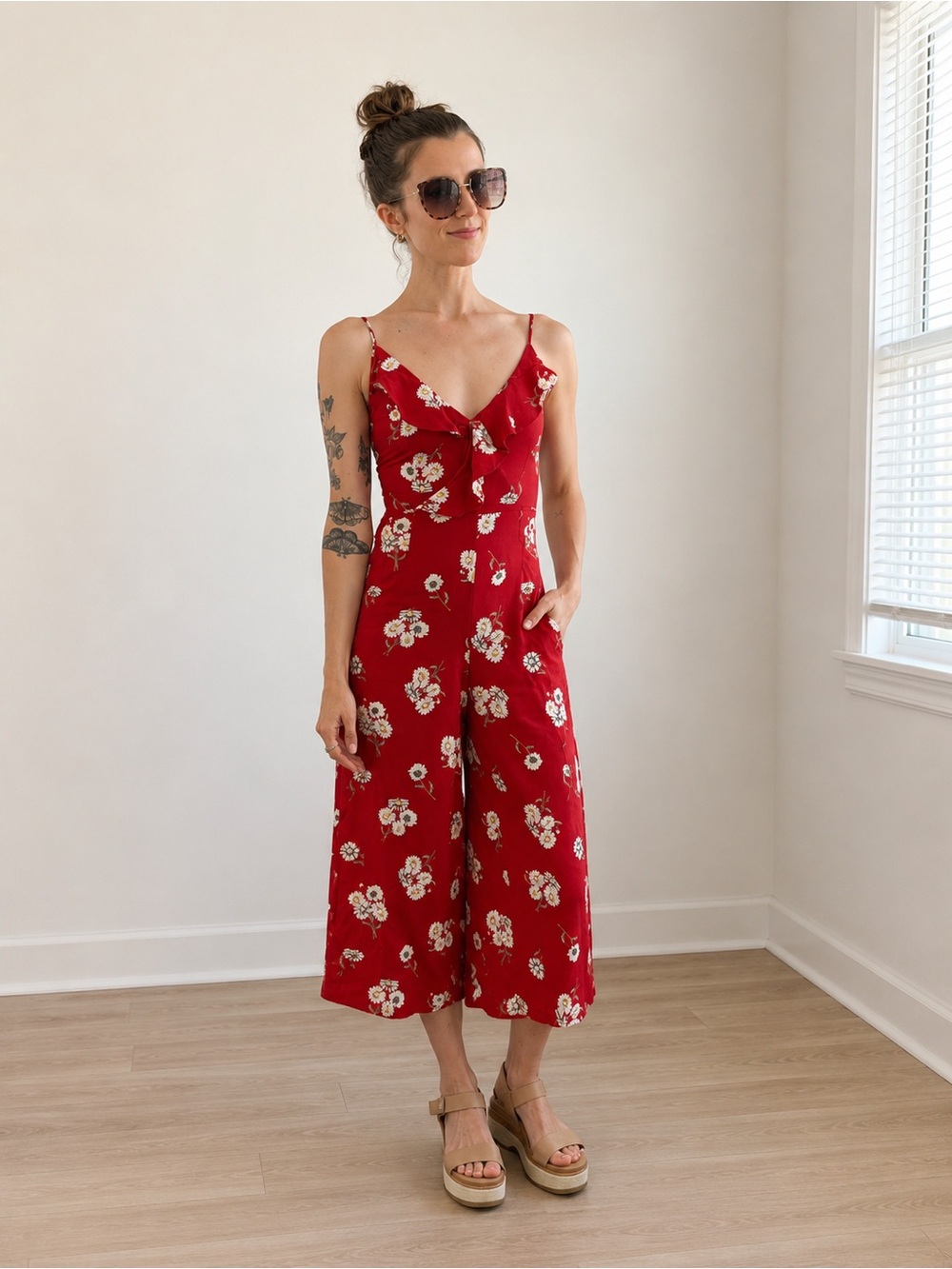 H&M Red Floral Spaghetti-Strap Jumpsuit
